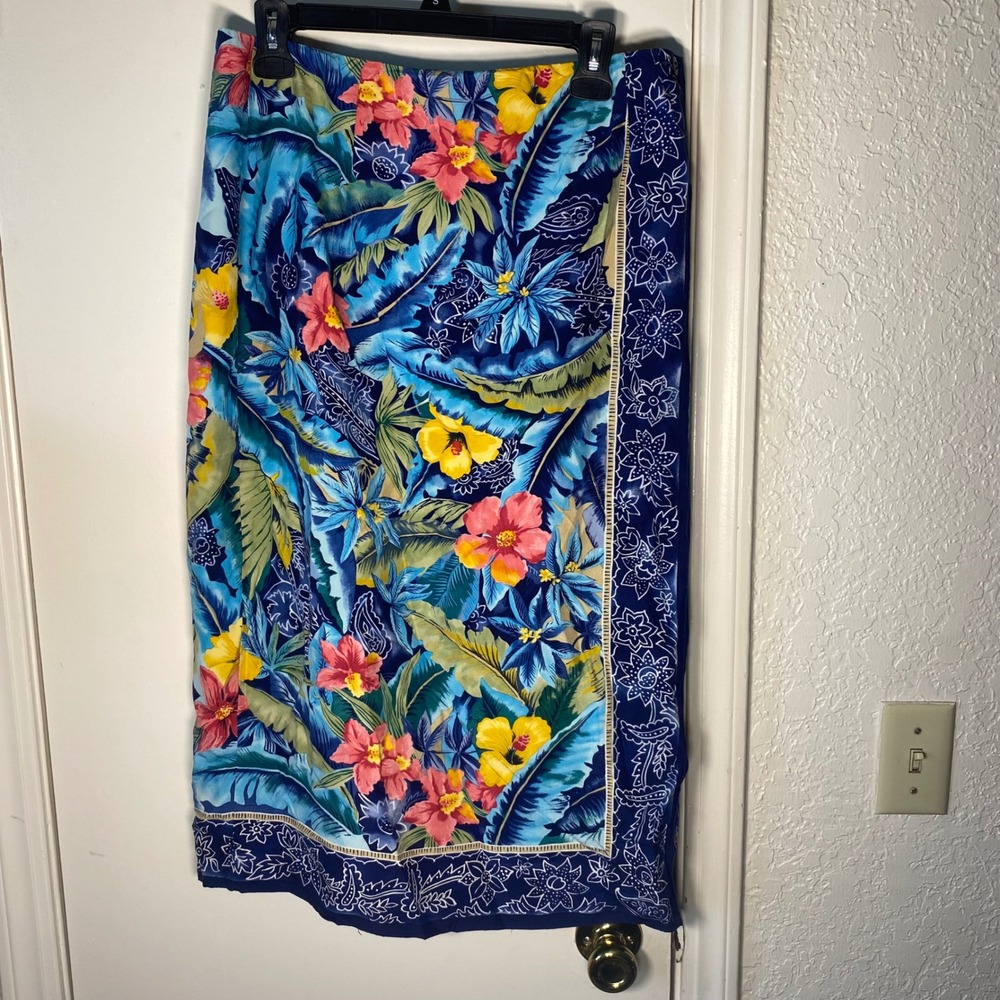 Talbots Petites Blue Silk Tropical Floral Skirt Side Zip Size 14P‎
